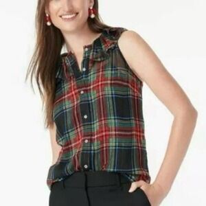 J. Crew Tartan Plaid Red Green Metallic Sheer Ruffle Button Tank‎ Blouse NWT S